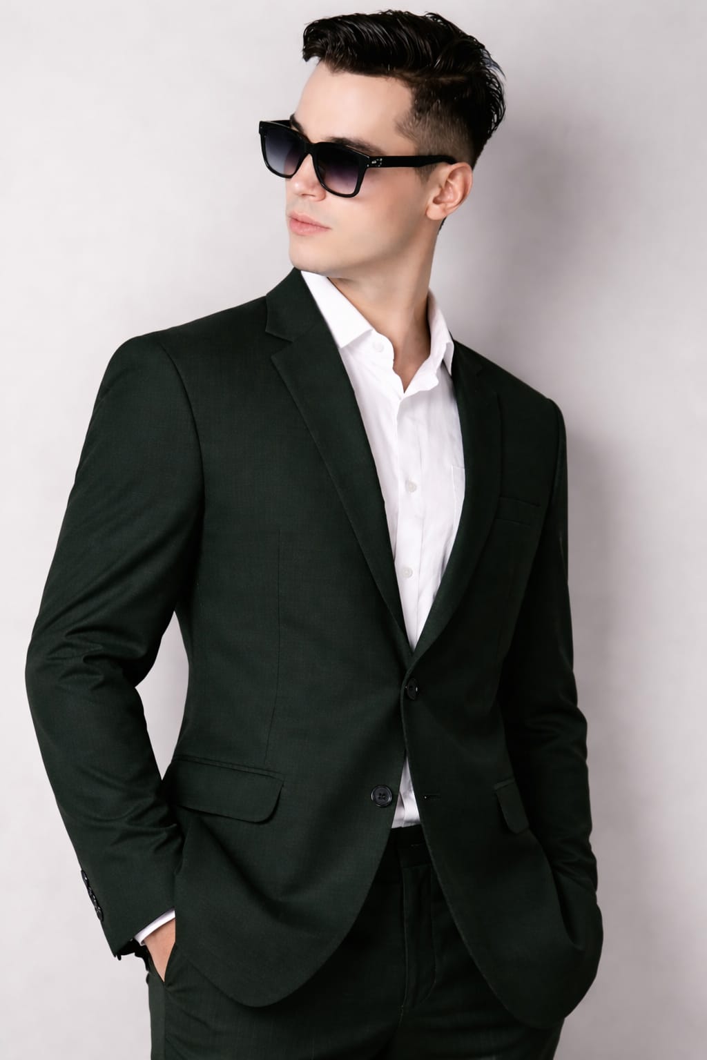 Man wearing a black suit and sunglasses against a light background