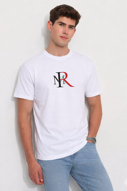 Man wearing a white t-shirt with a logo on a plain background