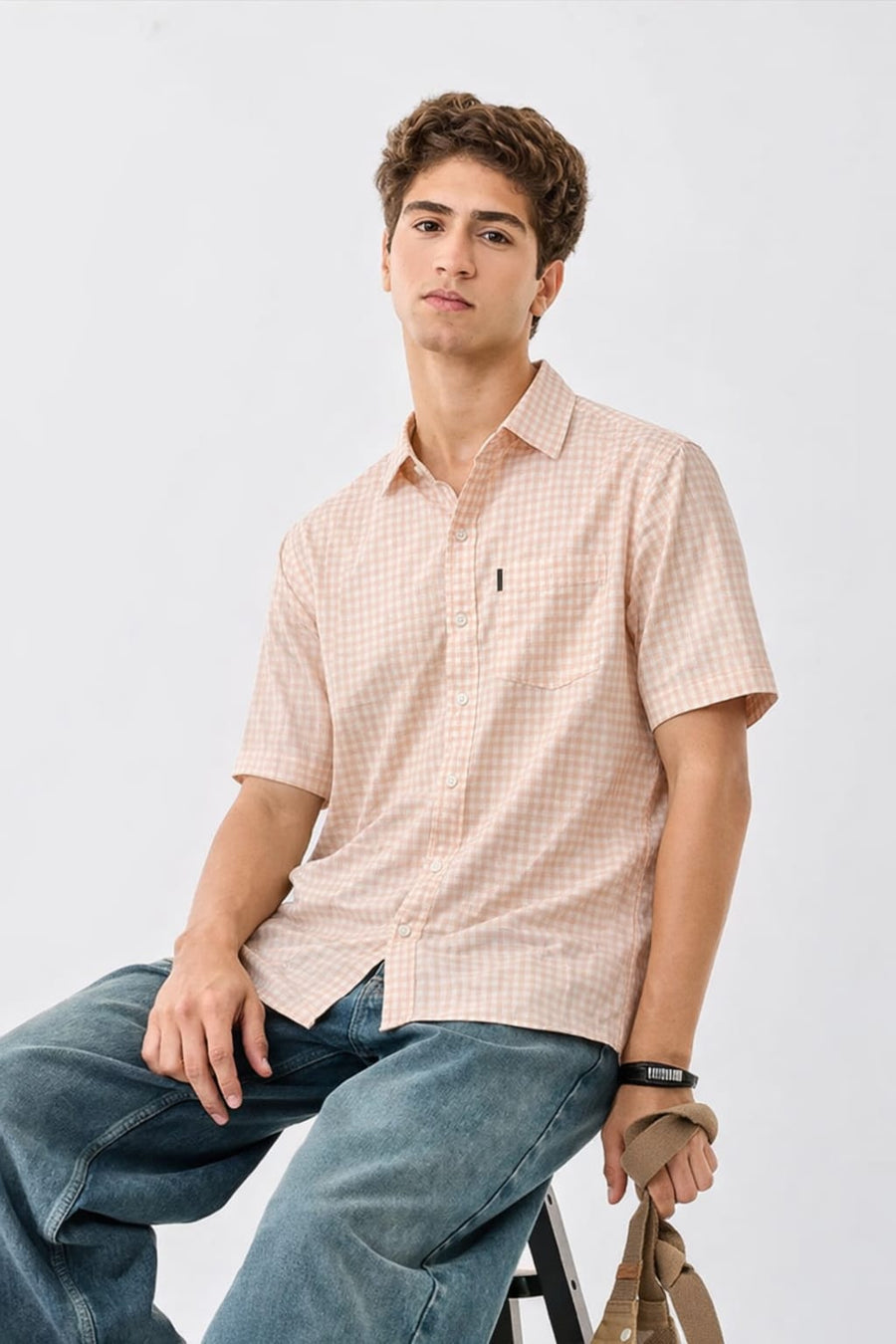 Classic Peach Gingham Short-Sleeve Shirt