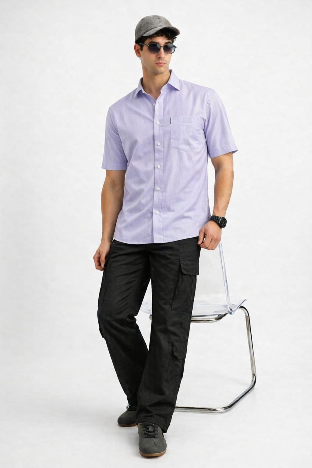 Man wearing a light purple shirt and black pants on a white background