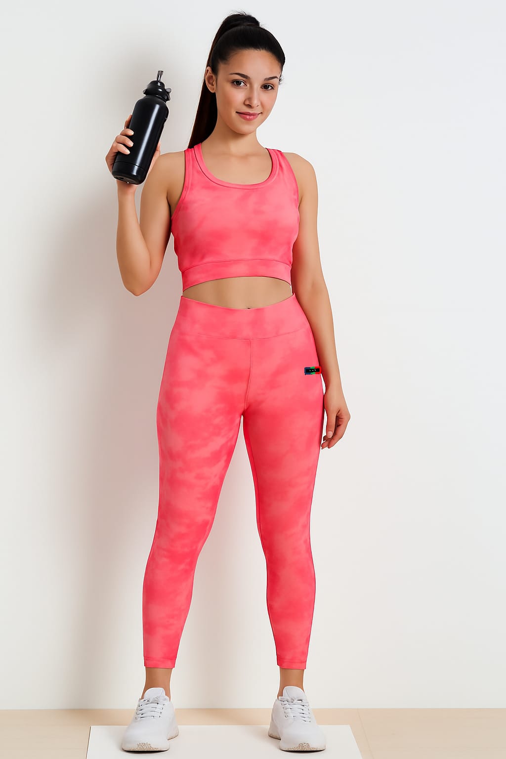 Woman in pink athletic outfit holding a water bottle on a white background