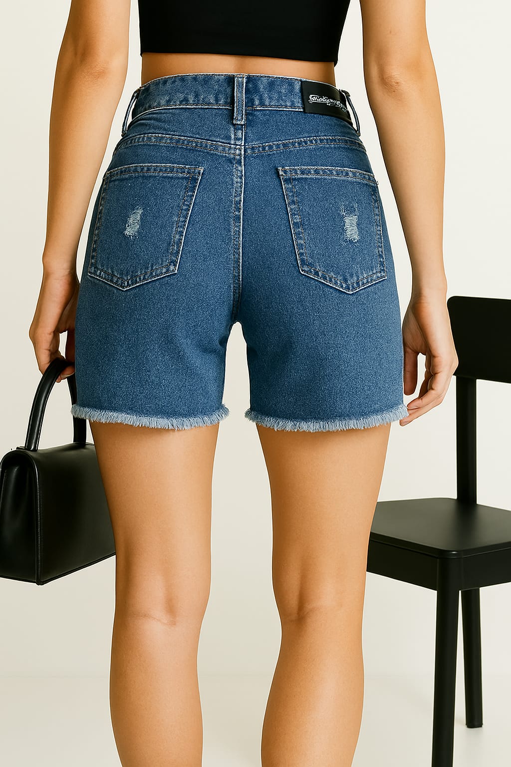 Person wearing blue denim shorts with a visible brand logo, holding a black handbag.