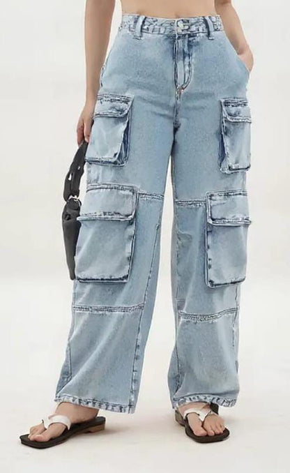 Light blue cargo pants worn by a person on a white background