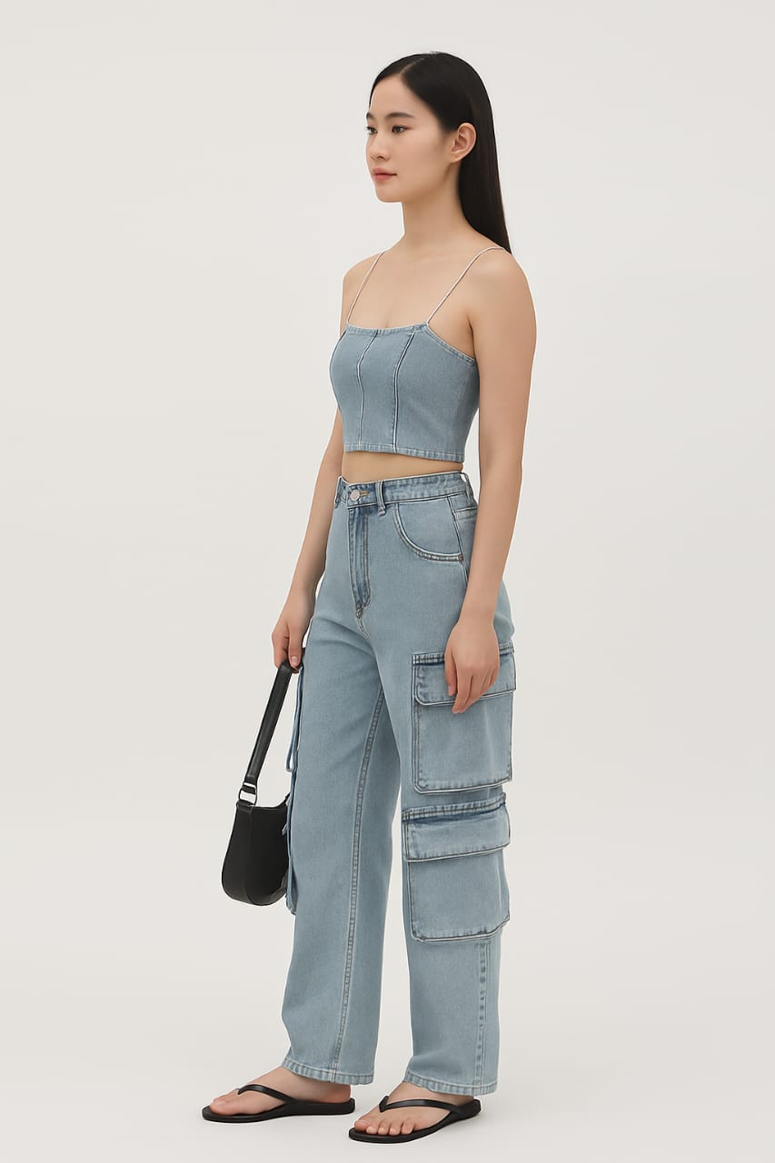 Woman wearing a light blue strap top and high-waisted cargo pants on a white background