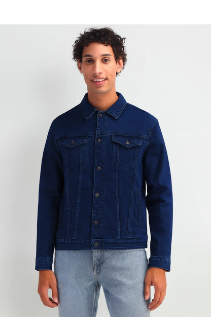 Man wearing a blue denim jacket on a white background