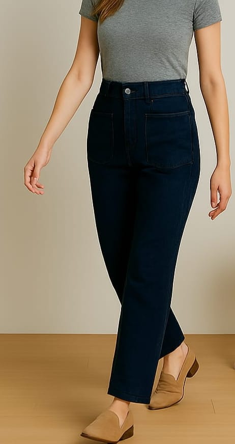 Person wearing dark blue jeans and a gray top on a beige background