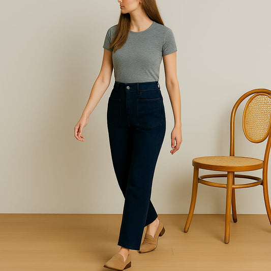Woman wearing a gray t-shirt and navy pants standing next to a wooden chair on a beige floor.