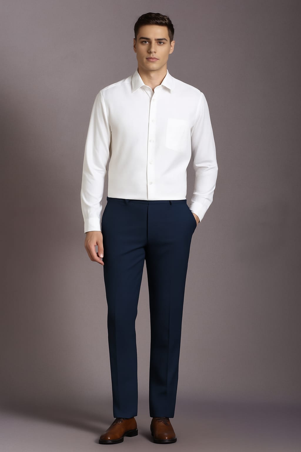 Man wearing a white shirt and navy pants against a gray background