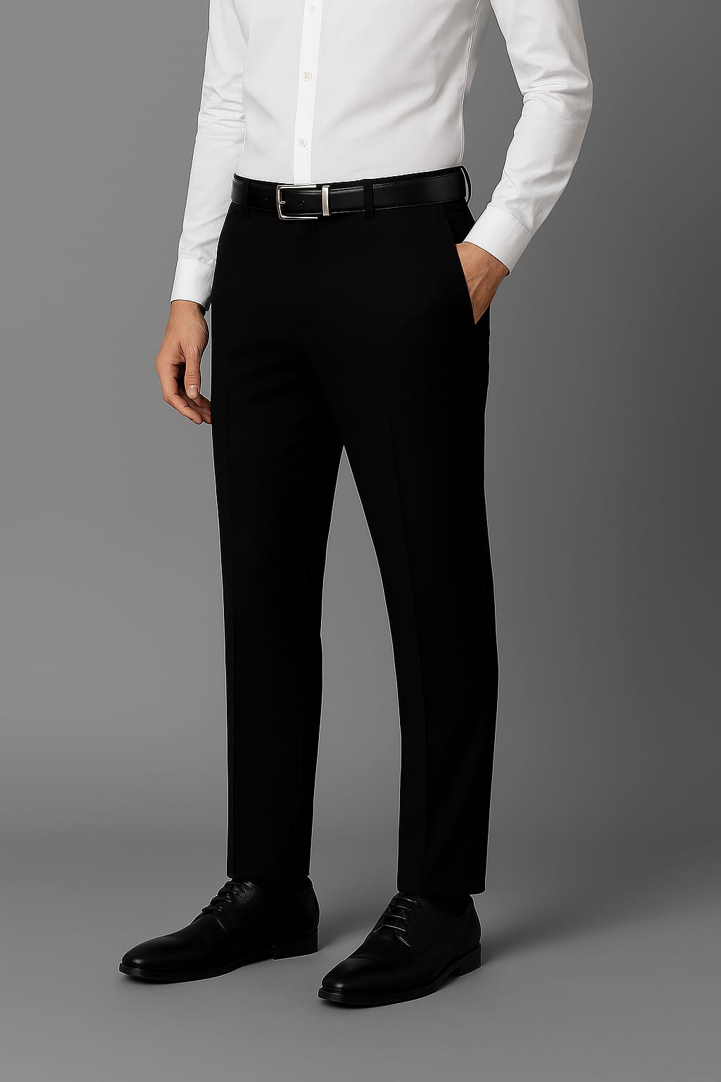 Person wearing a white dress shirt, black pants, and black shoes on a gray background