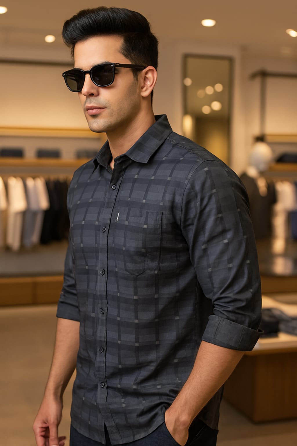 Man wearing a dark patterned shirt and sunglasses in a clothing store.