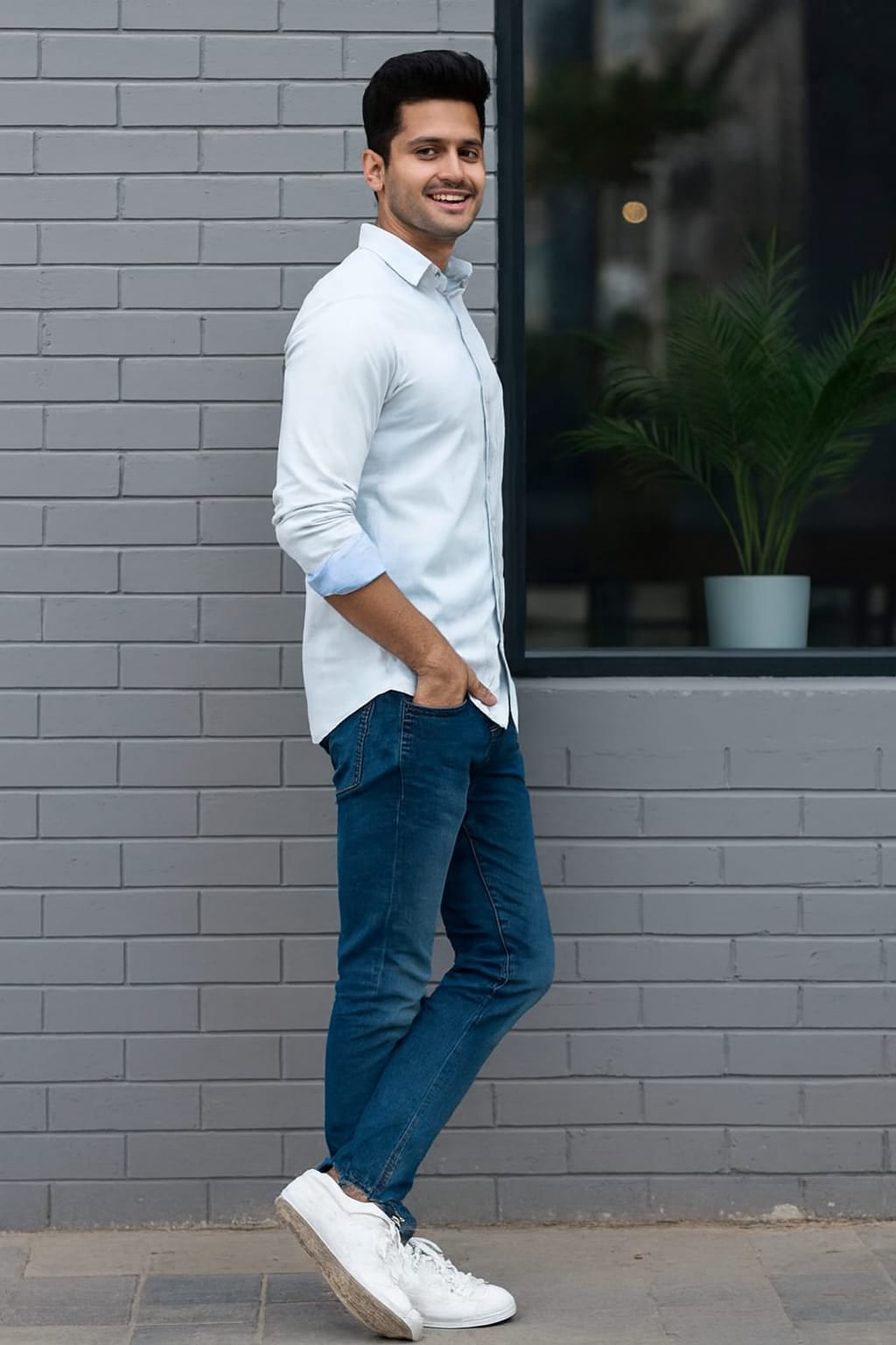 Man wearing a light blue shirt and dark jeans standing against a gray brick wall.