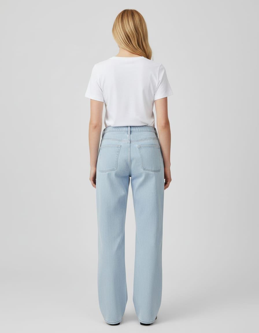 Person wearing light blue jeans and a white t-shirt on a plain background