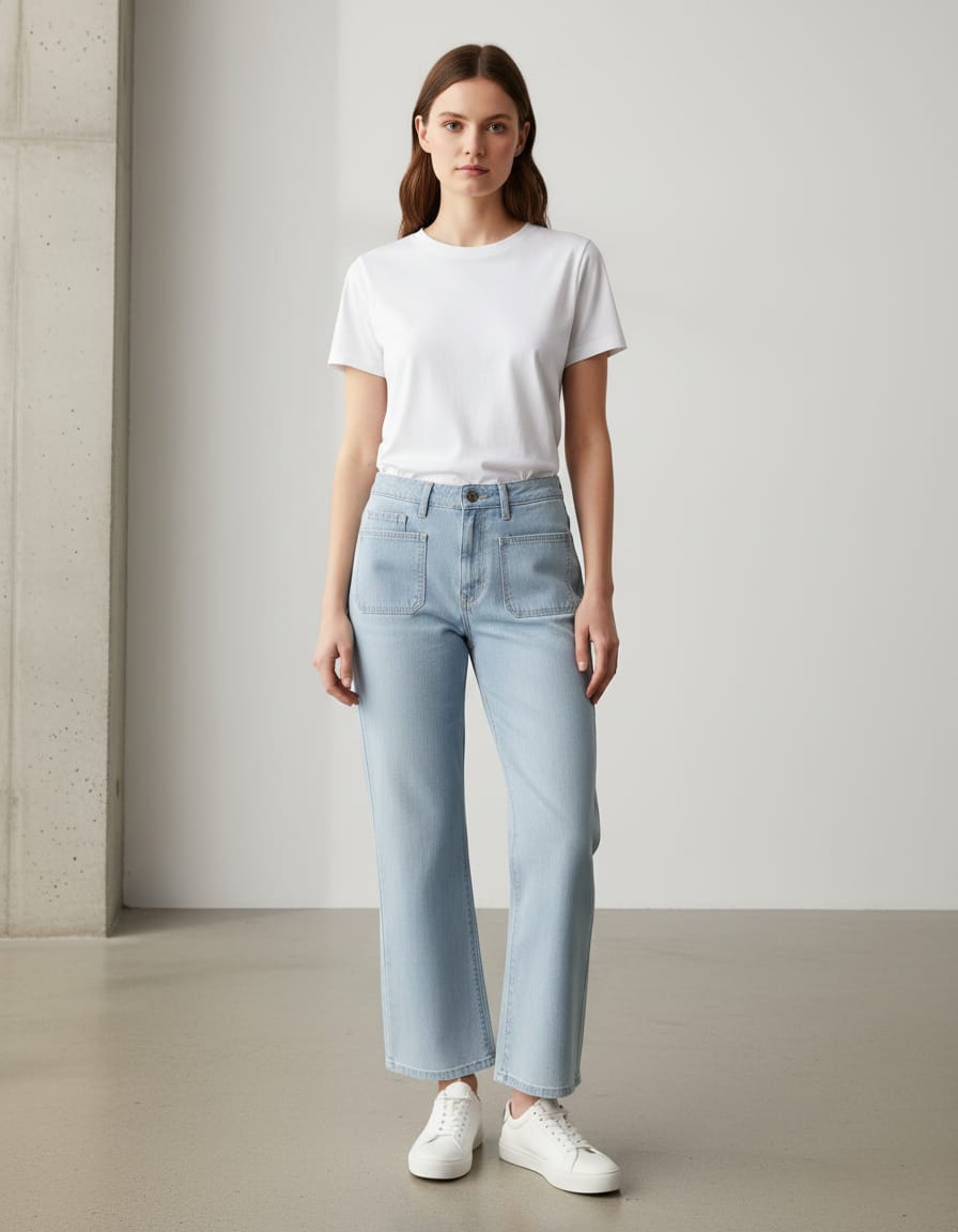 Woman wearing a white t-shirt and light blue jeans against a plain background