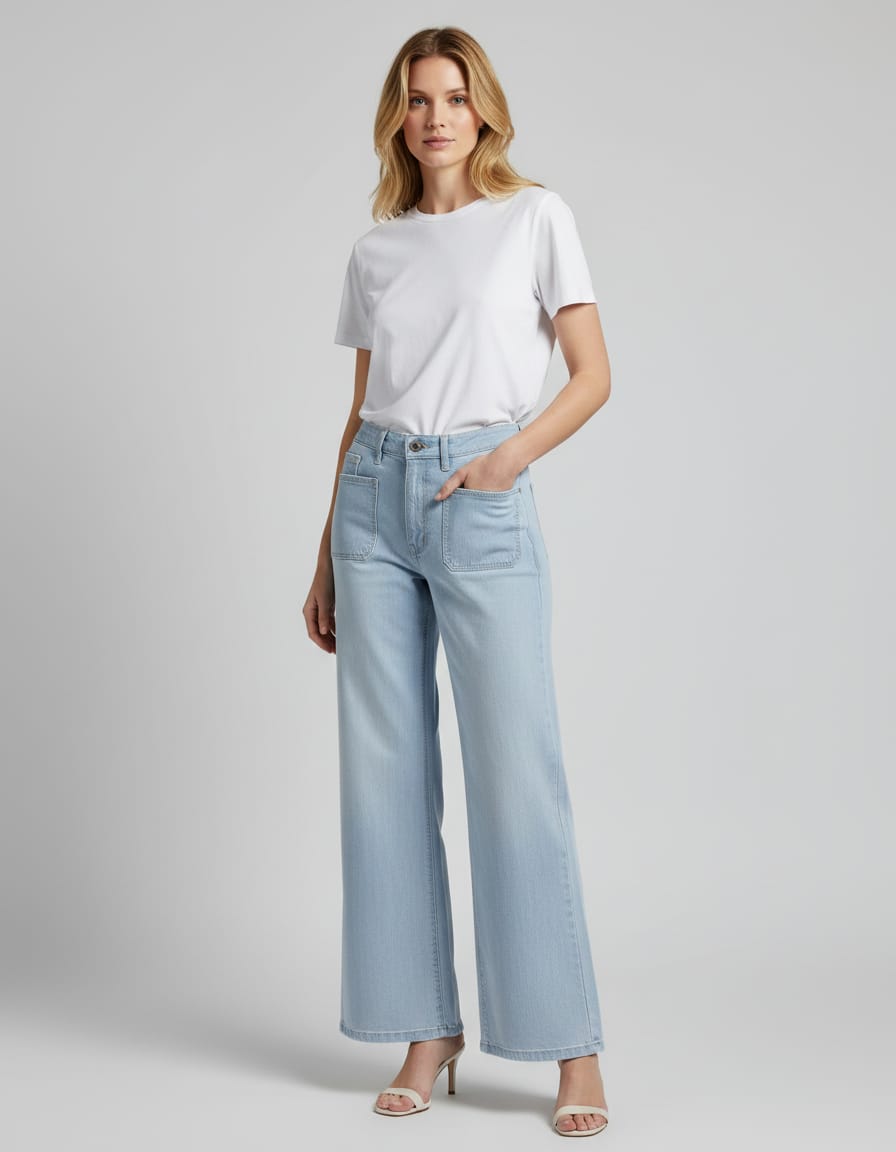 Woman wearing light blue jeans and a white t-shirt on a gray background