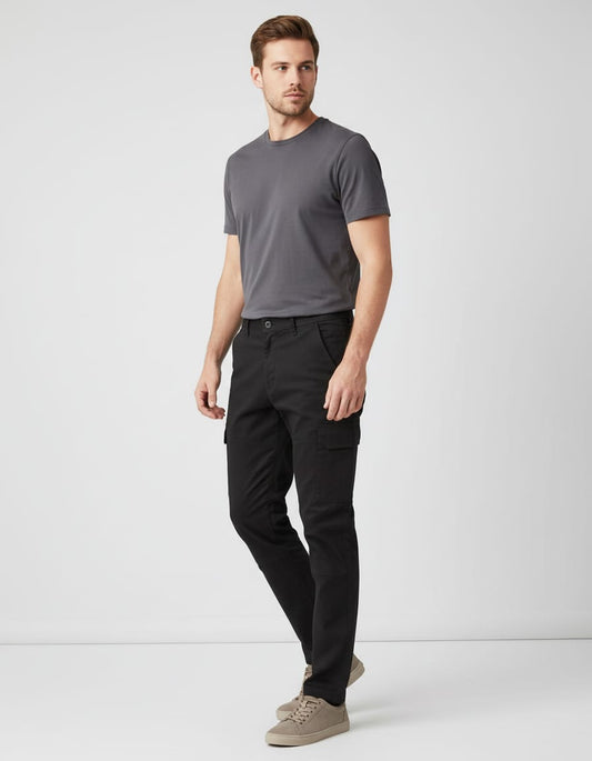 Man wearing a gray t-shirt and black pants on a white background