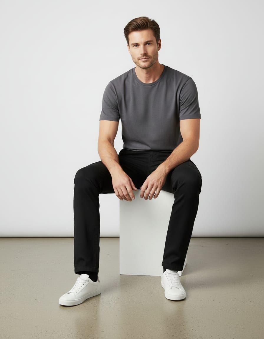 Man sitting on a white cube wearing a gray t-shirt and black pants against a plain background