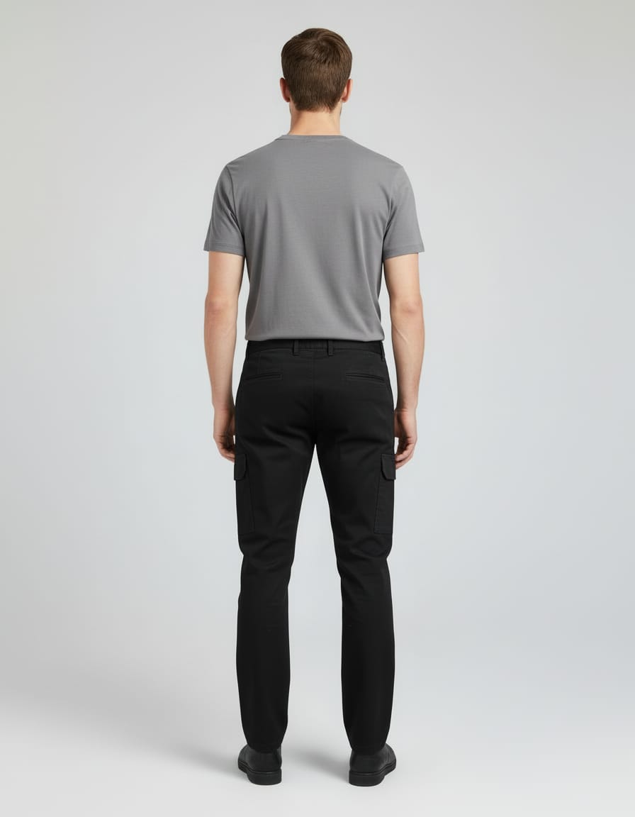 Man wearing a gray t-shirt and black pants on a white background