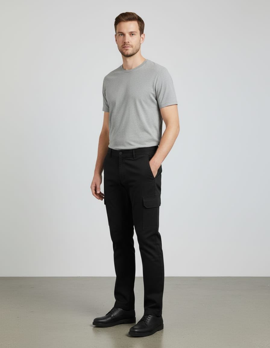 Man wearing a gray t-shirt and black pants against a plain background