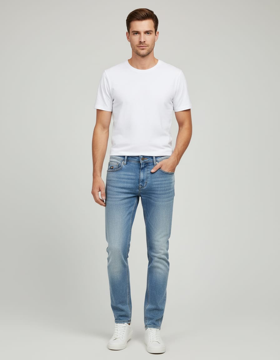Man wearing a white t-shirt and light blue jeans on a gray background