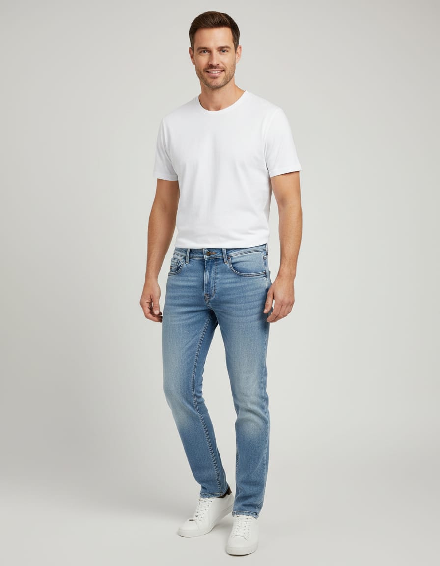 Man wearing a white t-shirt and light blue jeans on a gray background