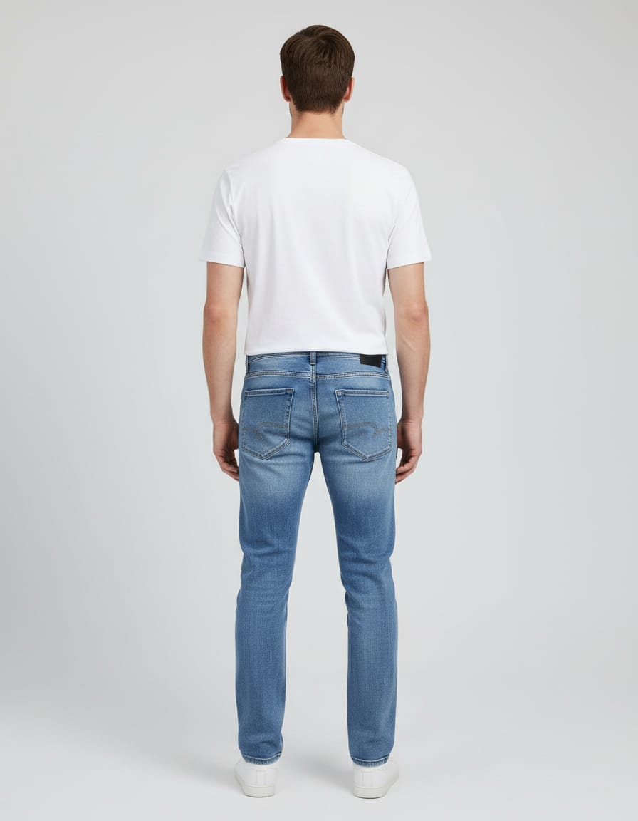 Man wearing a white t-shirt and blue jeans on a light gray background