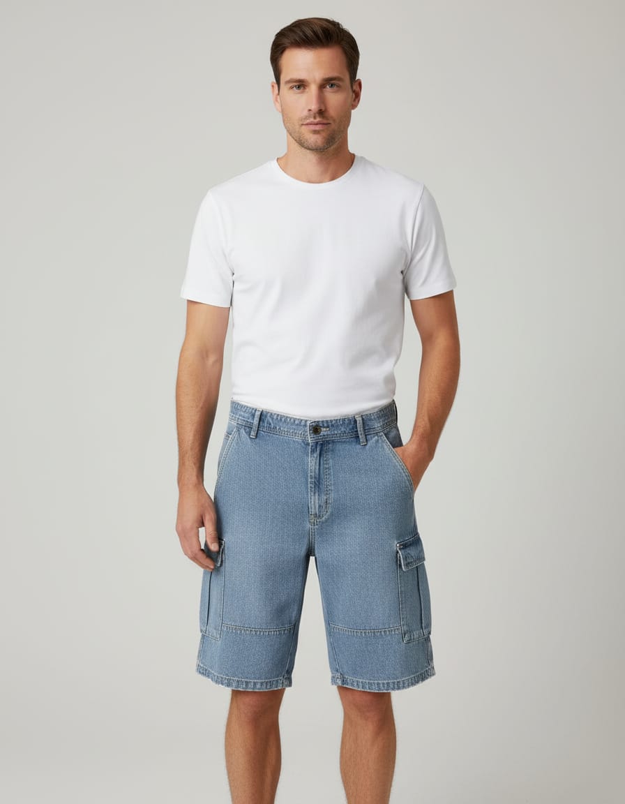 Man wearing a white t-shirt and blue denim shorts on a plain background