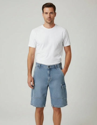 Man wearing a white t-shirt and blue denim shorts on a plain background