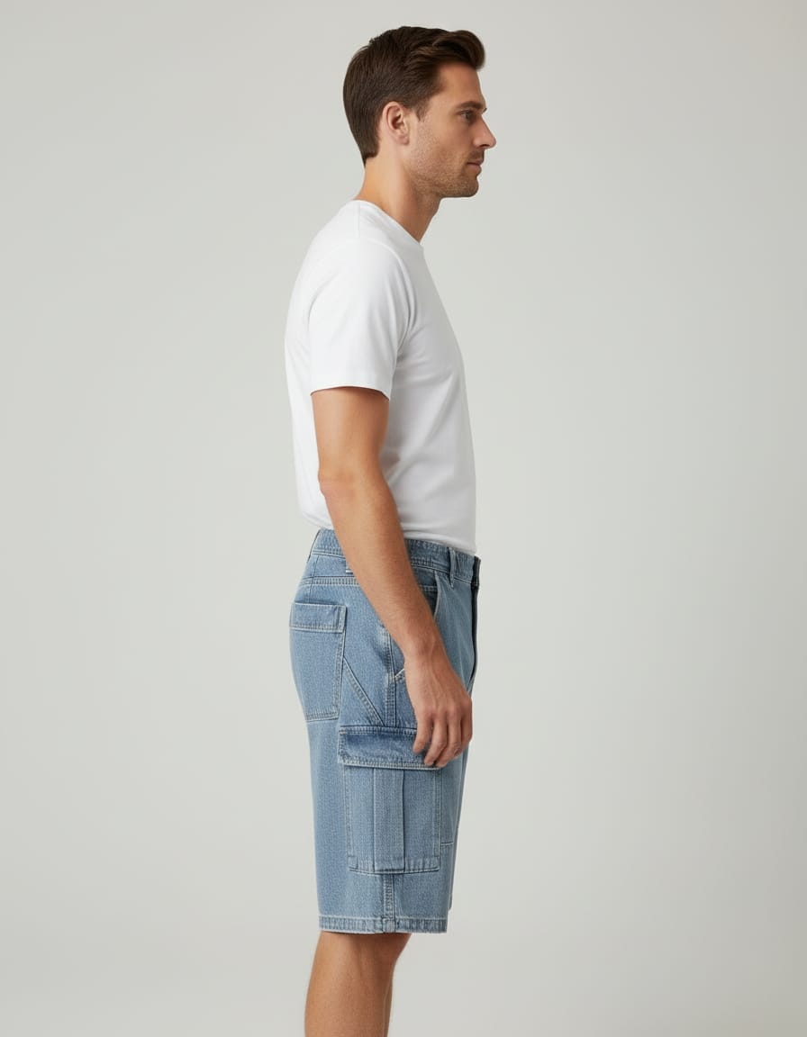 Man wearing a white t-shirt and light blue cargo shorts on a plain background