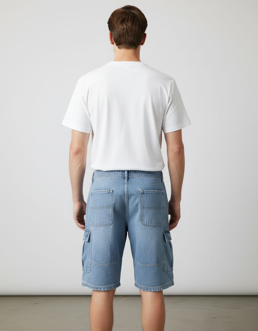 Person wearing a white t-shirt and blue cargo shorts against a plain background