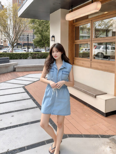 Woman in a blue dress standing outside a building with a modern design.