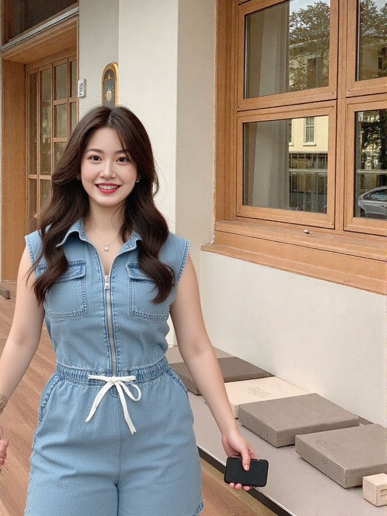 Woman in a denim jumpsuit standing indoors near a window.