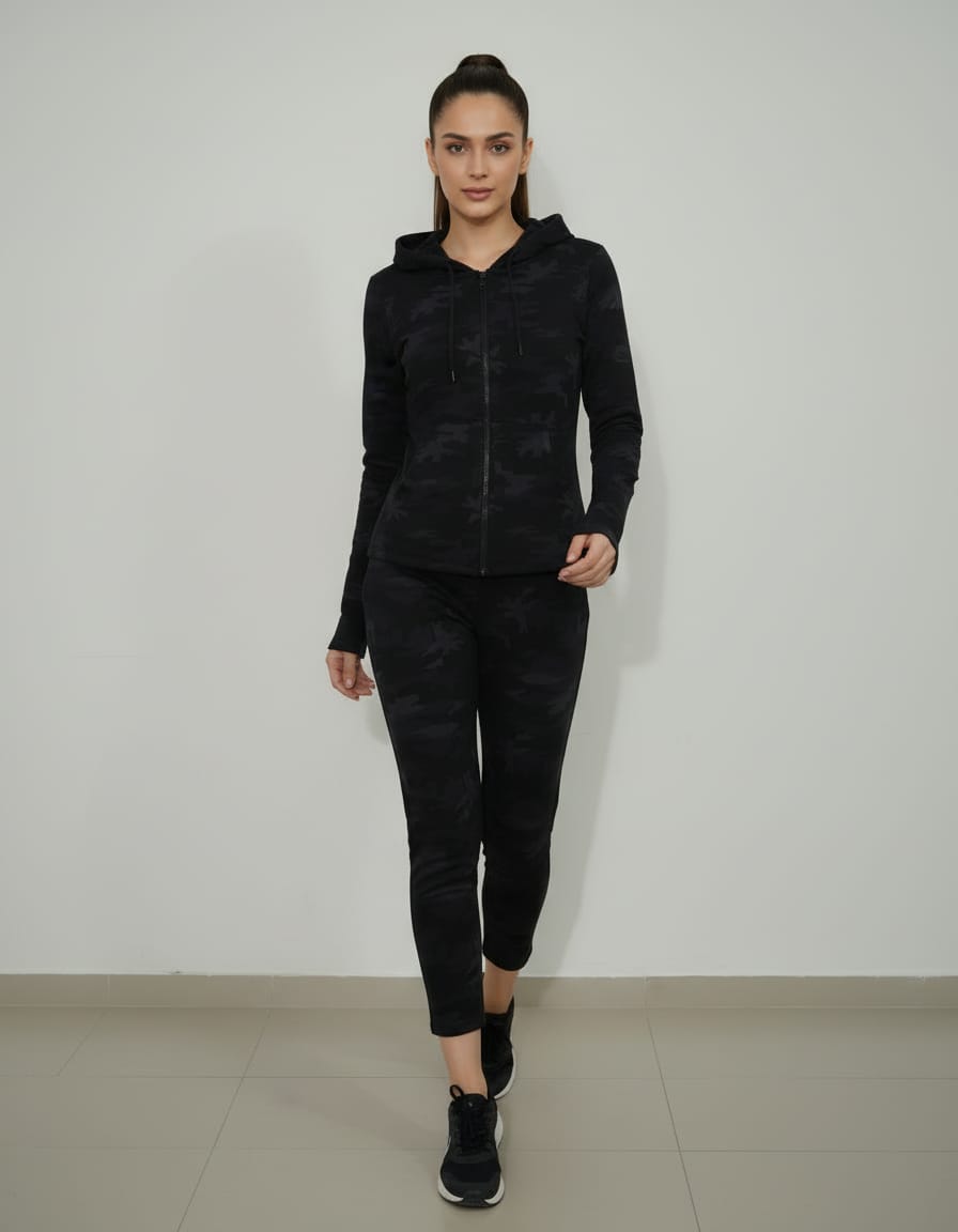 Woman wearing a black tracksuit against a white background