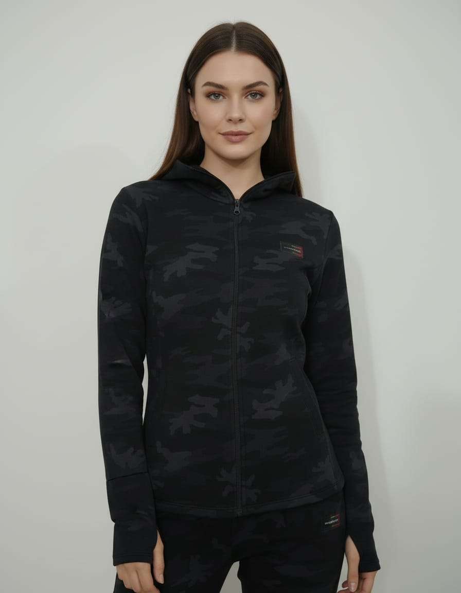 Woman wearing a black camouflage jacket with a brand logo on a white background