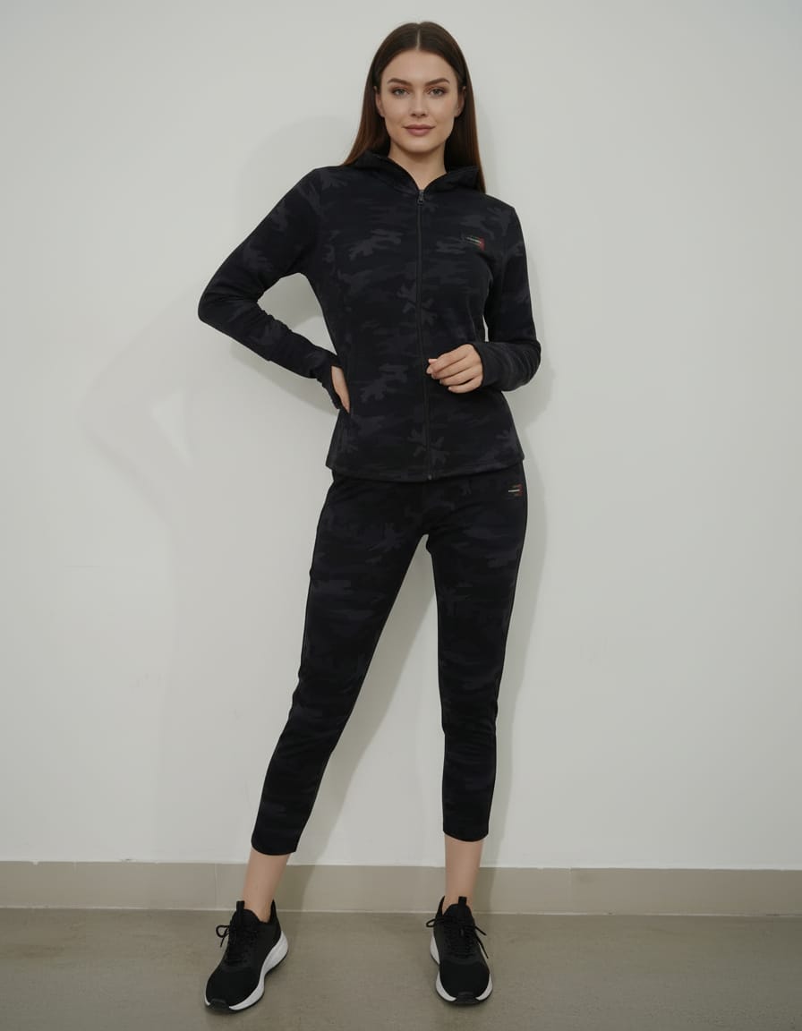 Woman wearing a black camouflage outfit against a white background