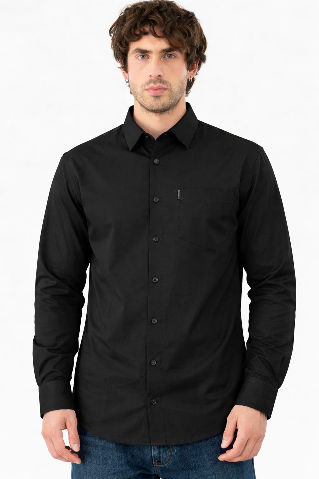 Man wearing a black button-up shirt on a white background