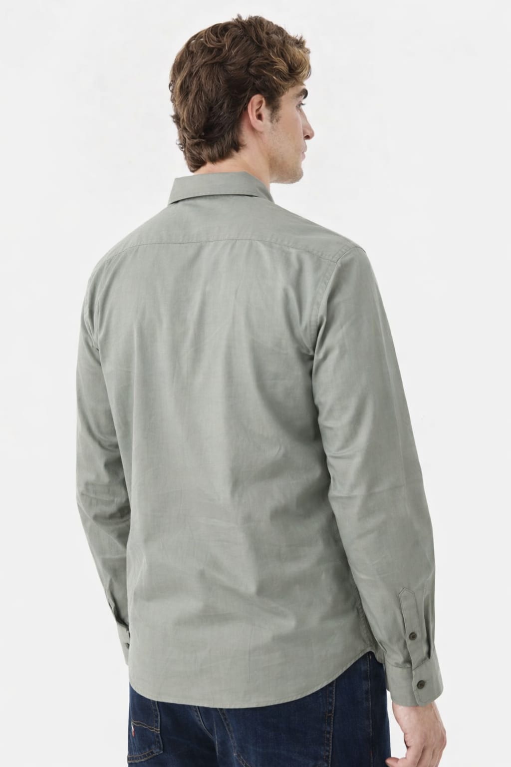 Man wearing a light gray shirt on a white background