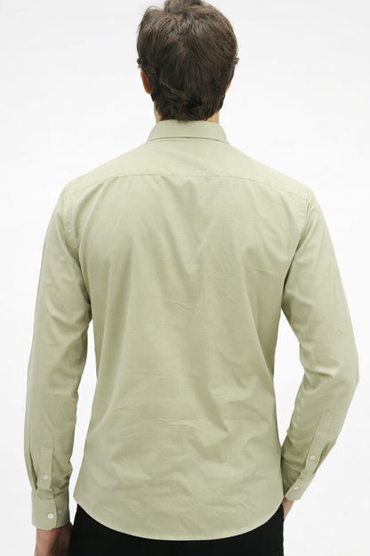 Person wearing a light green shirt from behind on a white background