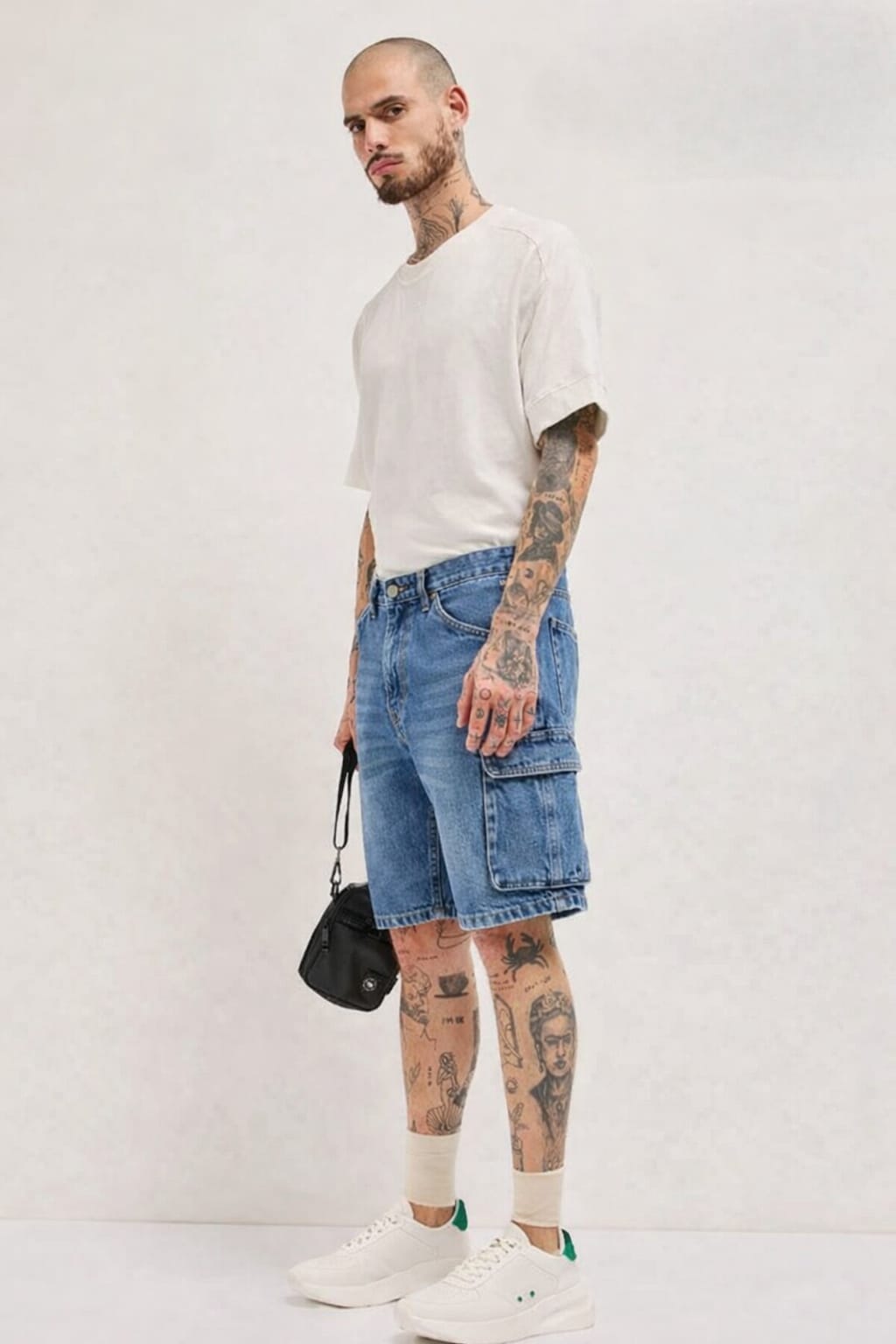 Man wearing a white t-shirt and blue denim shorts with tattoos on a plain background