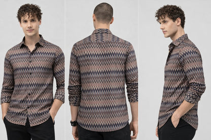 Man modeling a patterned shirt from front, back, and side views on a light gray background