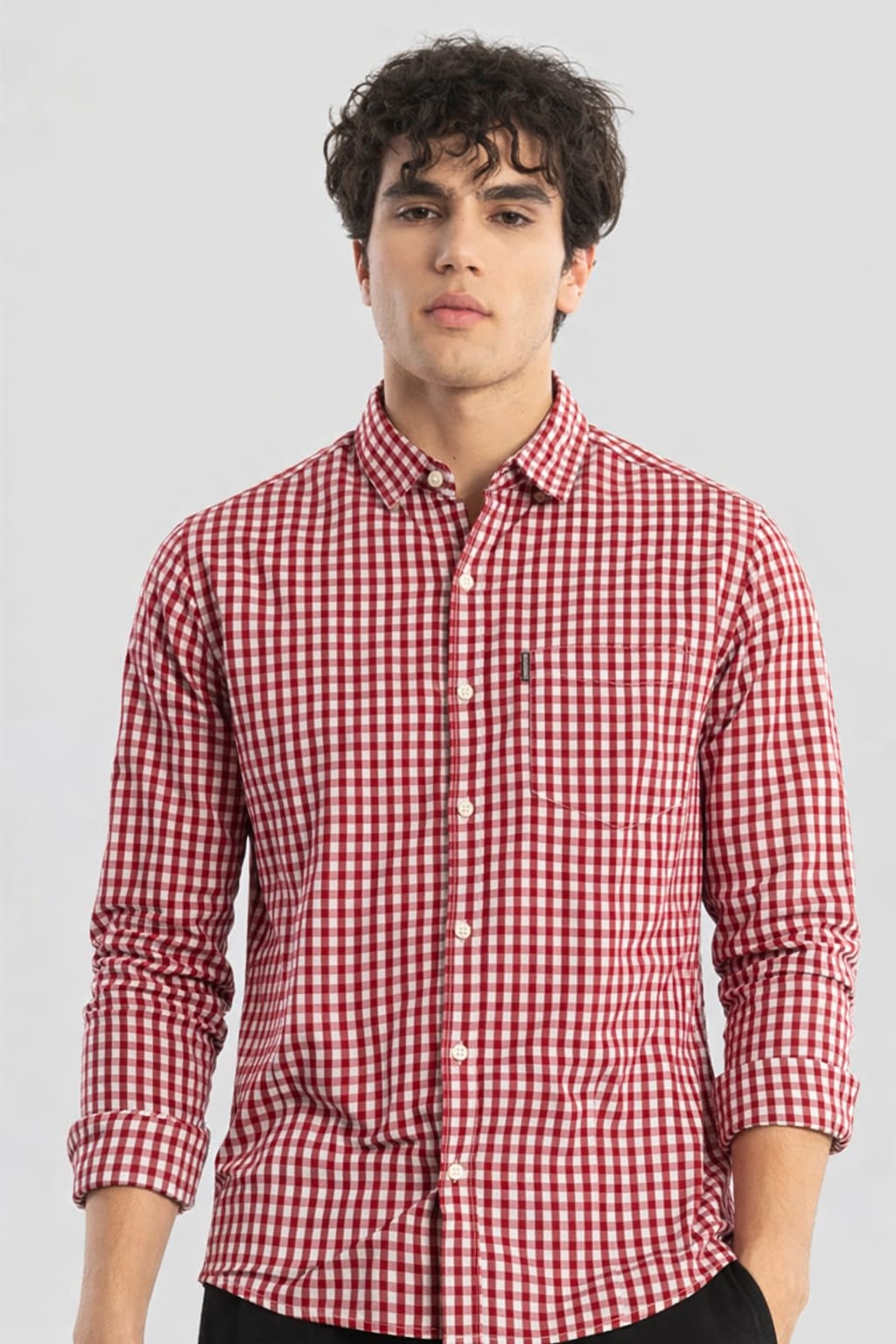 Man wearing a red and white checkered shirt on a light gray background
