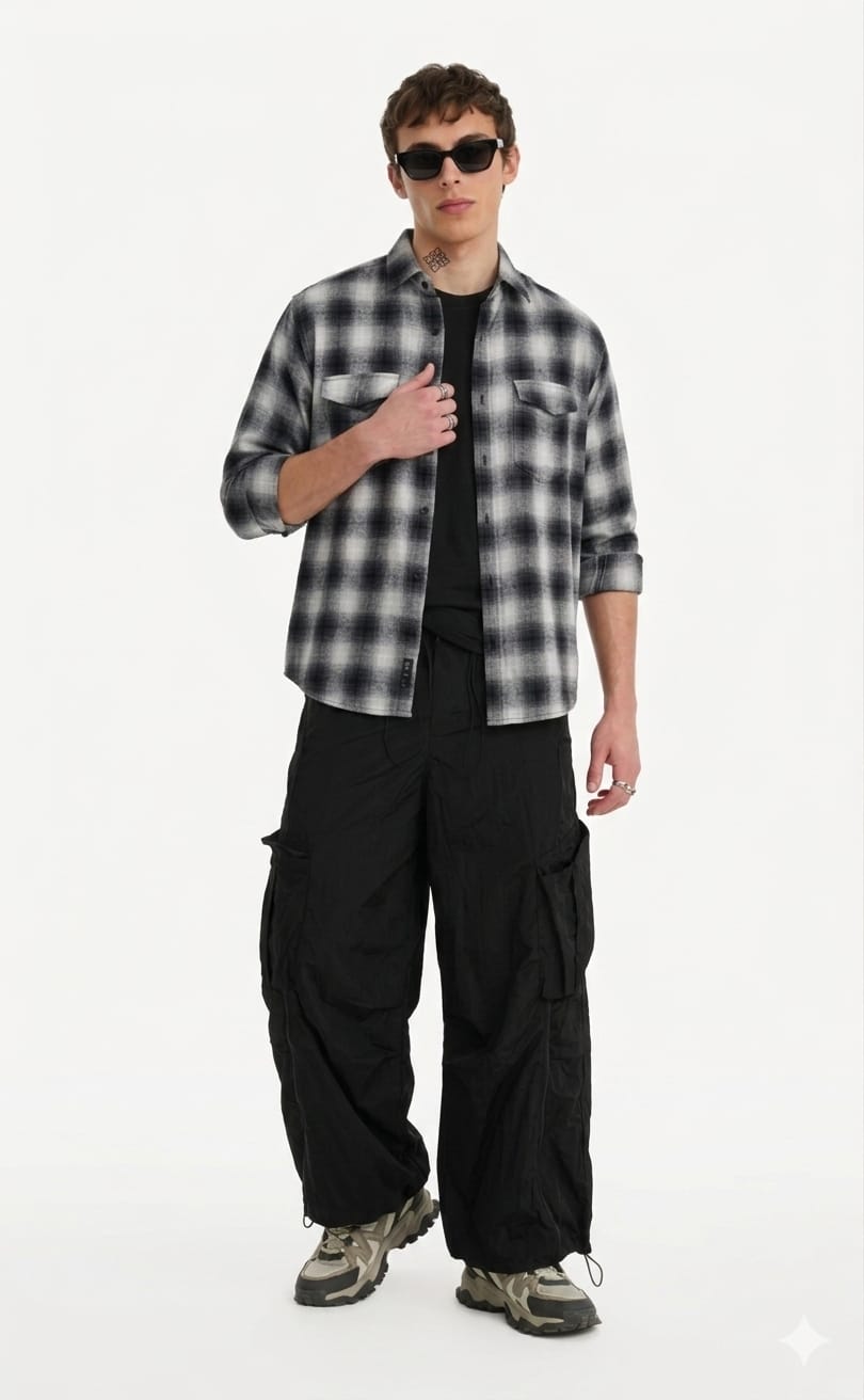 Person wearing a black and gray plaid shirt with black pants on a white background
