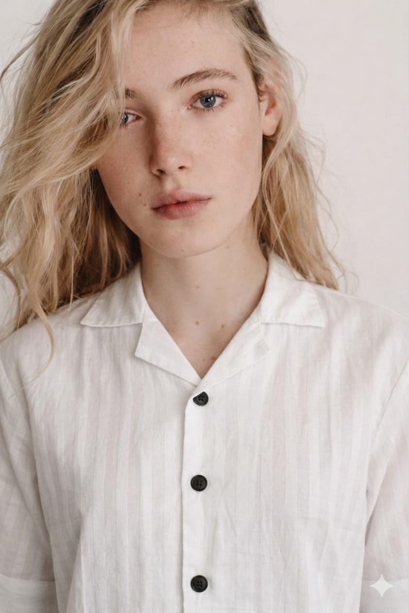 Person wearing a light-colored shirt with black buttons against a plain background