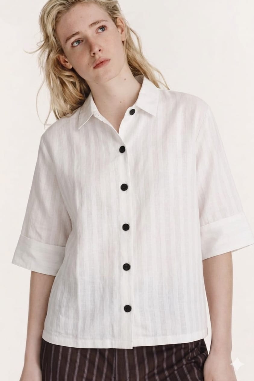 Woman wearing a white button-up shirt with black buttons on a plain background