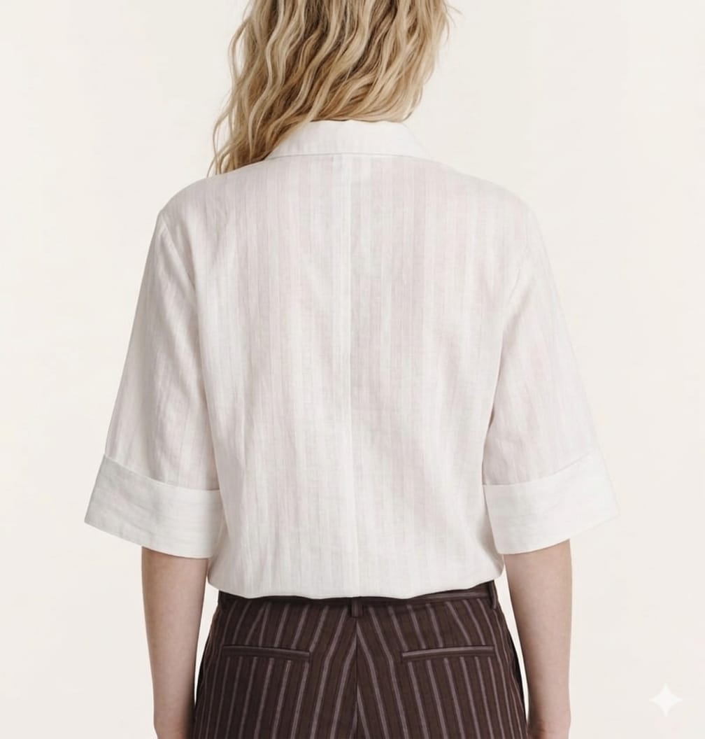 Person wearing a white short-sleeve shirt and brown striped pants on a plain background