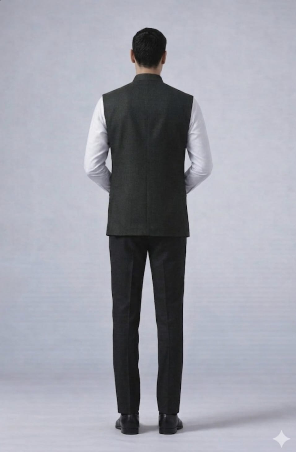 Man wearing a dark gray vest over a light shirt with dark pants on a plain background