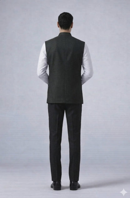 Man wearing a dark gray vest over a light shirt with dark pants on a plain background