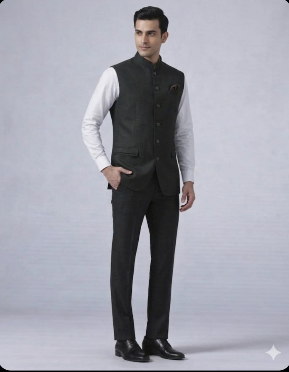 Man wearing a dark gray vest over a white shirt with black pants on a light gray background