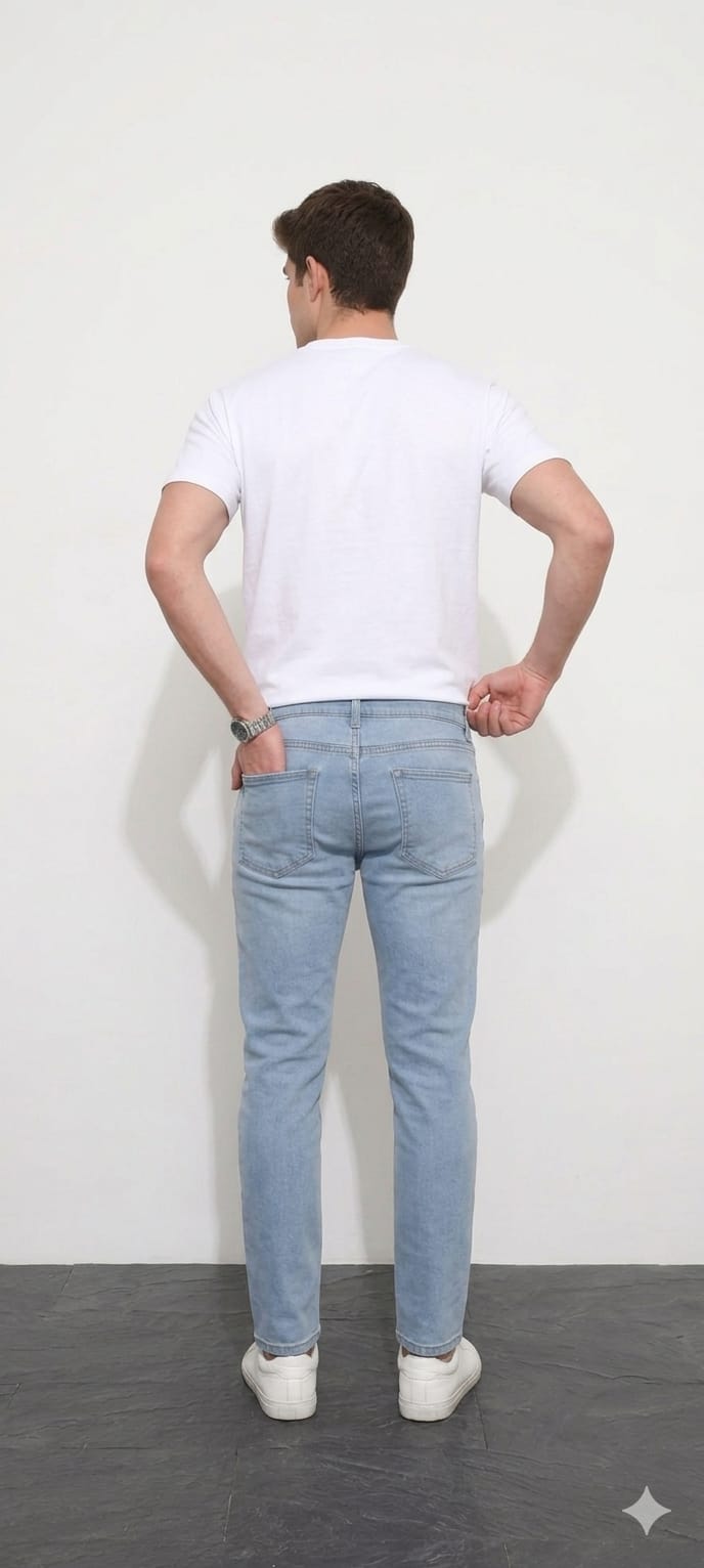 Person wearing a white t-shirt and light blue jeans standing against a white wall.