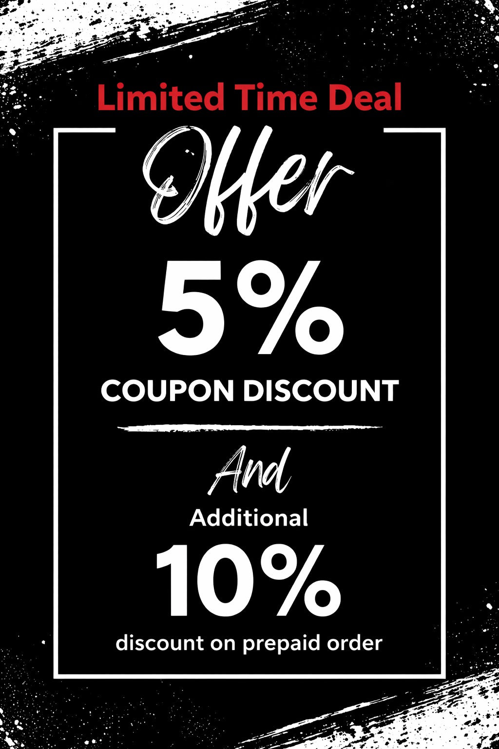 Promotional offer for 5% coupon discount and additional 10% discount on prepaid orders with a black background.