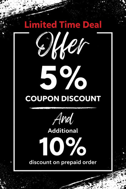 Promotional offer for 5% coupon discount and additional 10% discount on prepaid orders with a black background.
